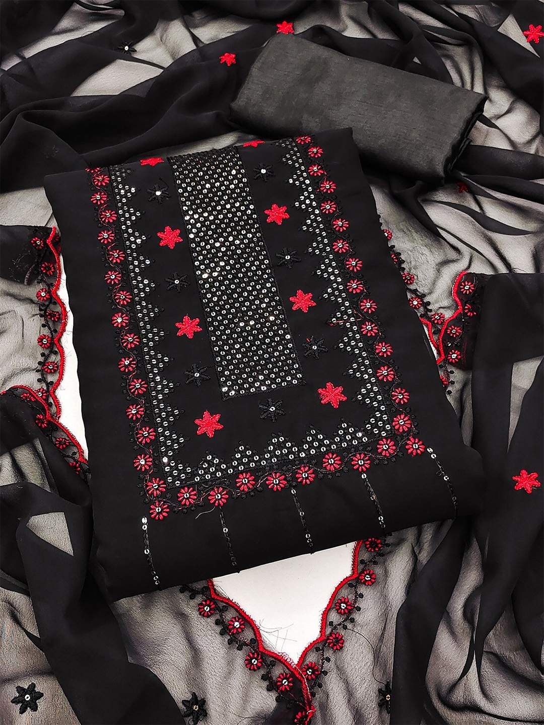 

Leeza Store Embroidered Unstitched Dress Material, Black