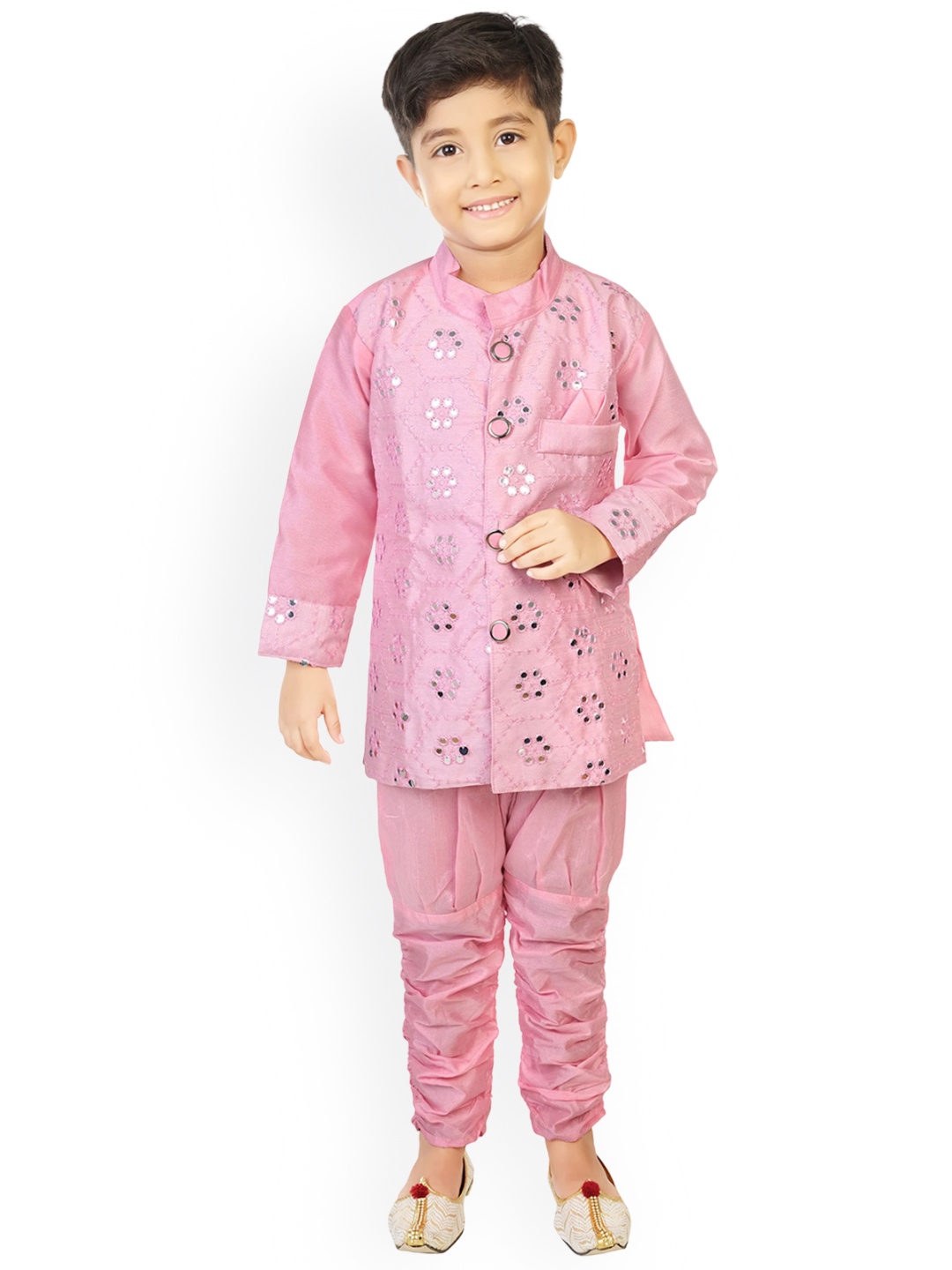 

BAESD Boys Embroidered Regular Mirror Work Dupion Silk Kurta with Churidar, Pink