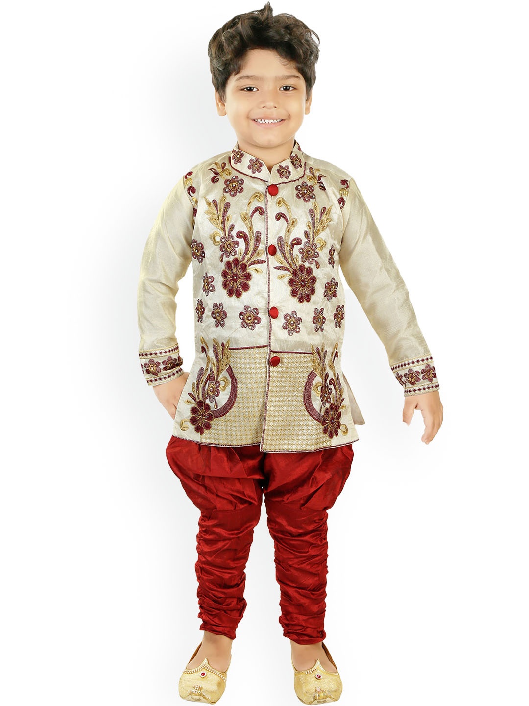 

BAESD Boys Floral Embroidered Angrakha Dupion Silk Kurta with Dhoti Pants, Red