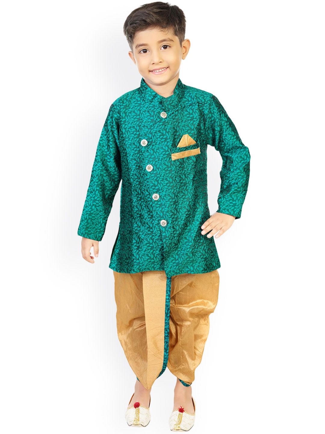 

BAESD Boys Floral Regular Dupion Silk Kurta with Dhoti Pants, Green