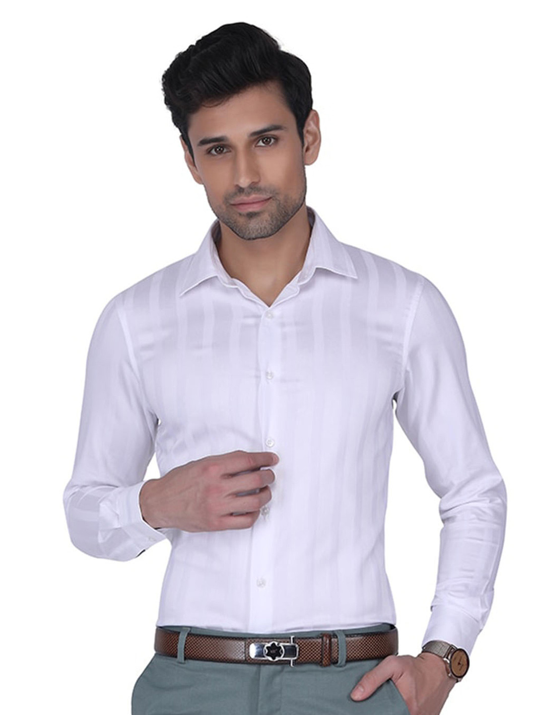 

Berkshire Men Smart Slim Fit Opaque Striped Casual Shirt, White