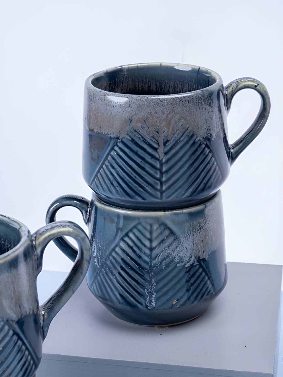 

ARAVALII Blue & Grey 2 Pieces Textured Ceramic Glossy Cups 250 ml