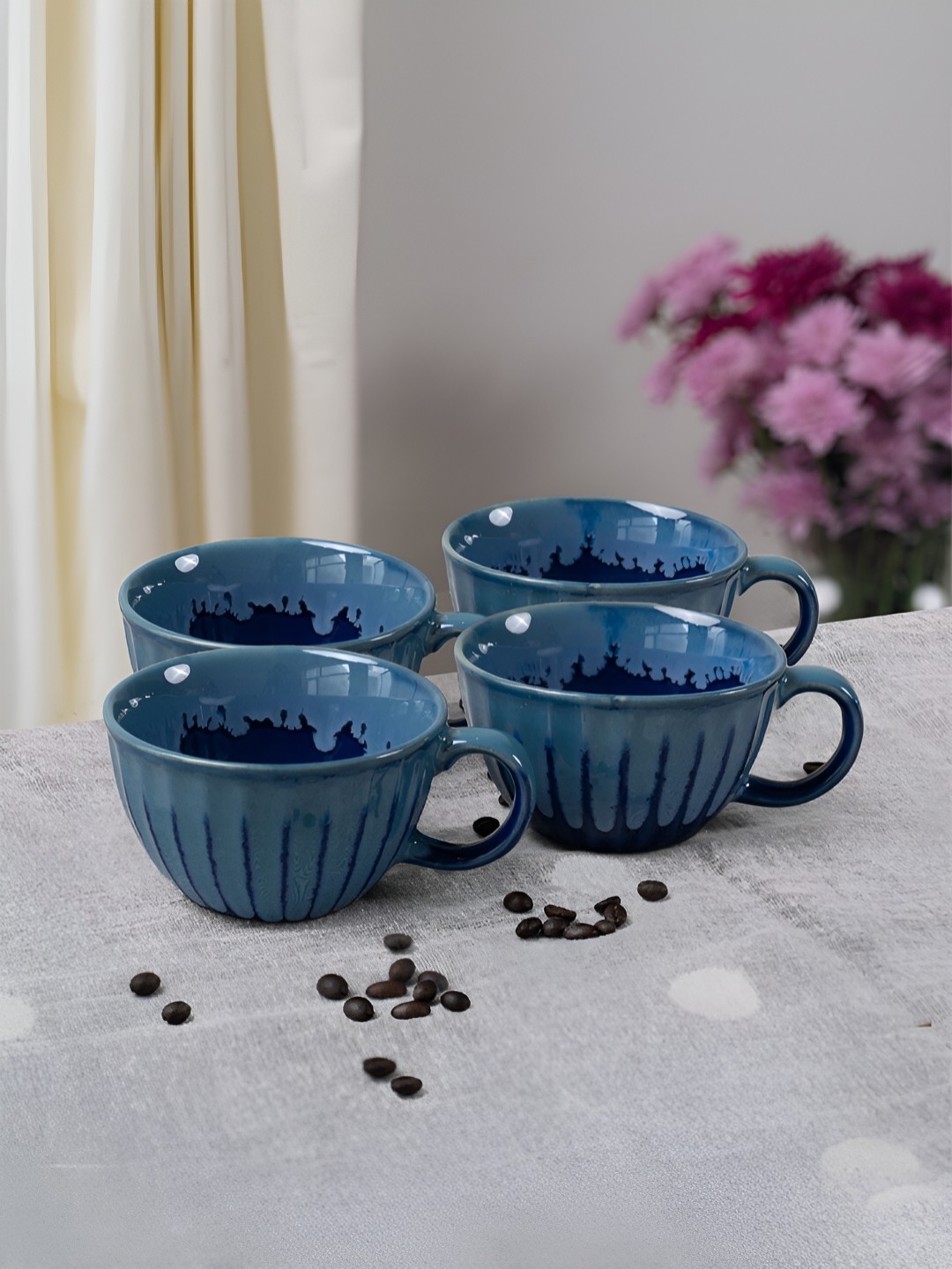 

ARAVALII Blue 6 Pieces Textured Ceramic Cups 250 ml