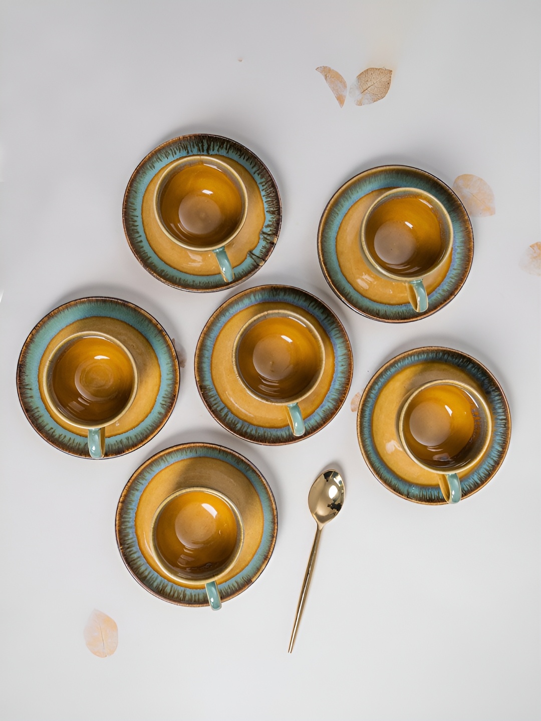 

ARAVALII Yellow & Blue 6 Pieces Textured Ceramic Glossy Cups 100 ml