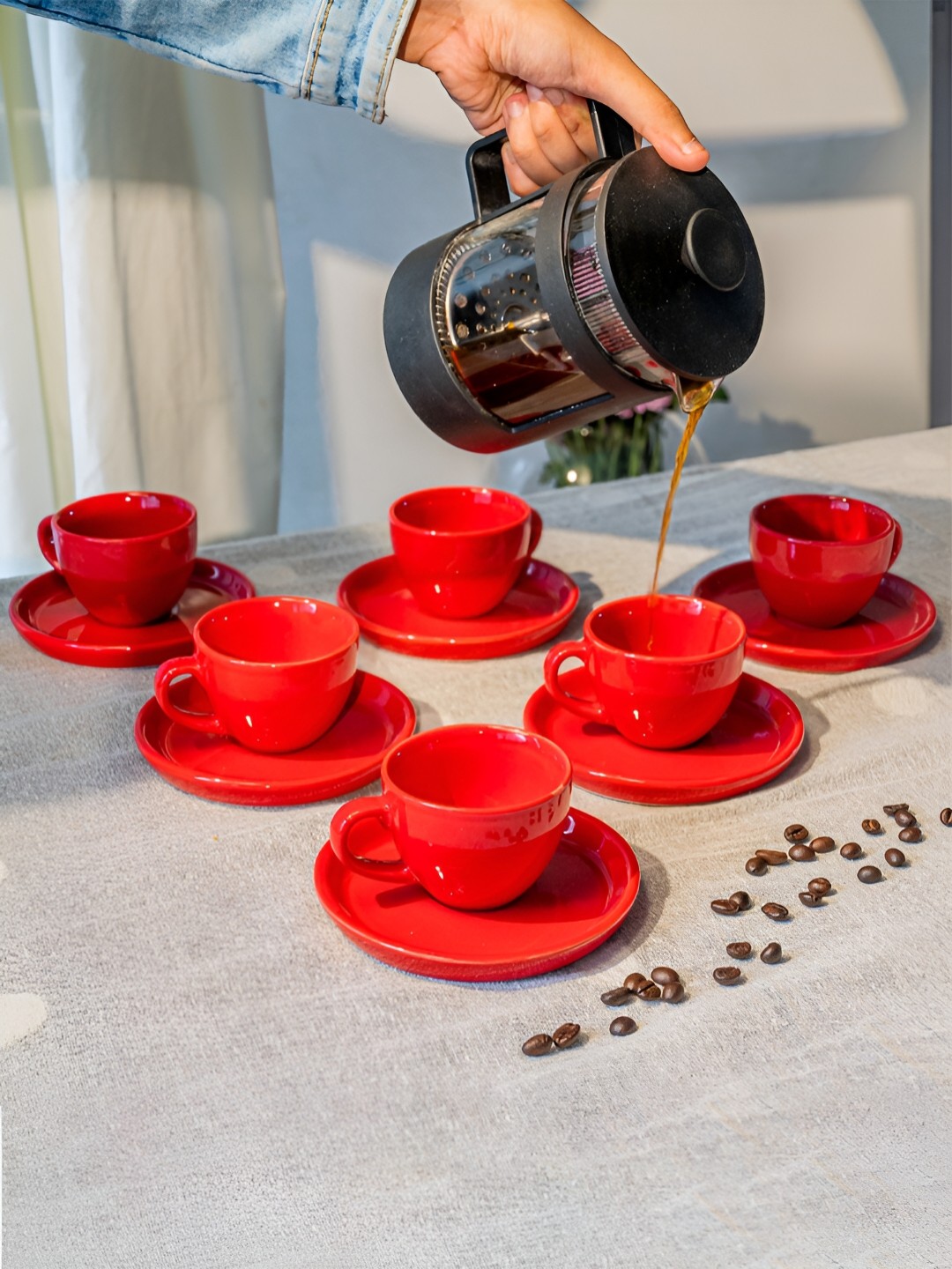 

ARAVALII Red 6 Pieces Ceramic Glossy Cups & Saucers