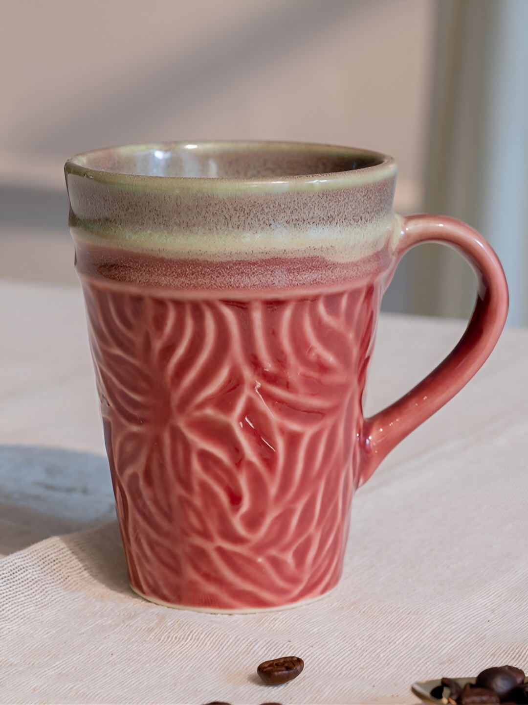 

ARAVALII Pink & Green 2 Pieces Textured Glossy Ceramic Mug