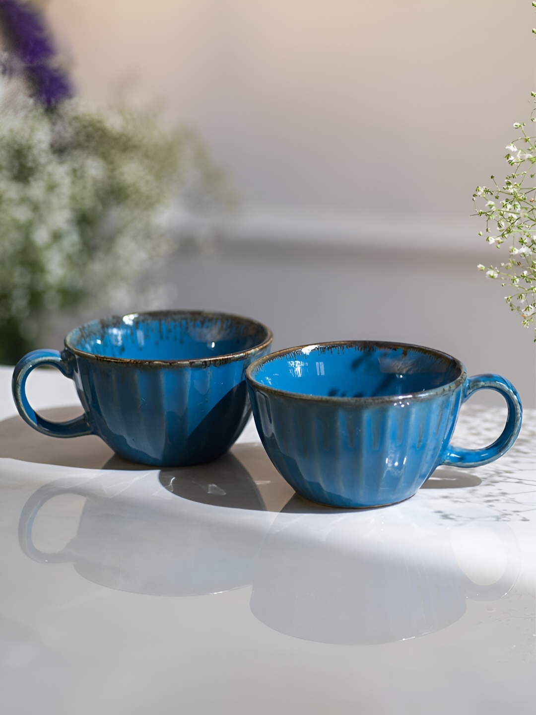 

ARAVALII Blue 4 Pcs Textured Ceramic Glossy Cups 250 ml