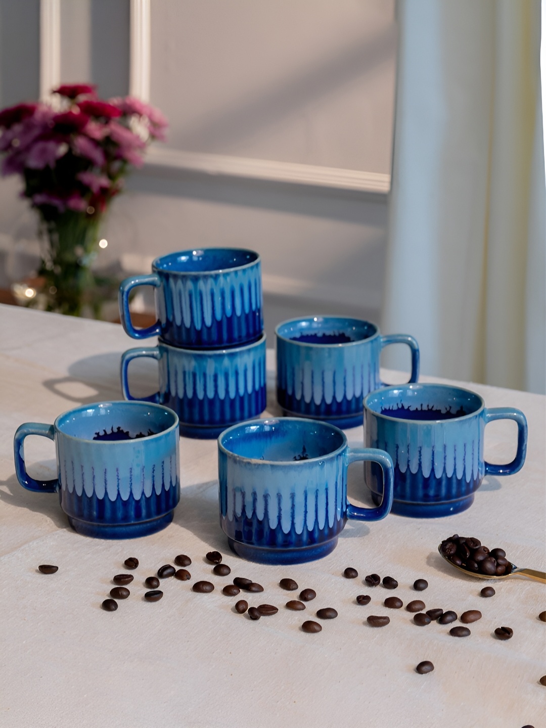 

ARAVALII Blue 2 Pcs Textured Ceramic Glossy Cups 250 ml