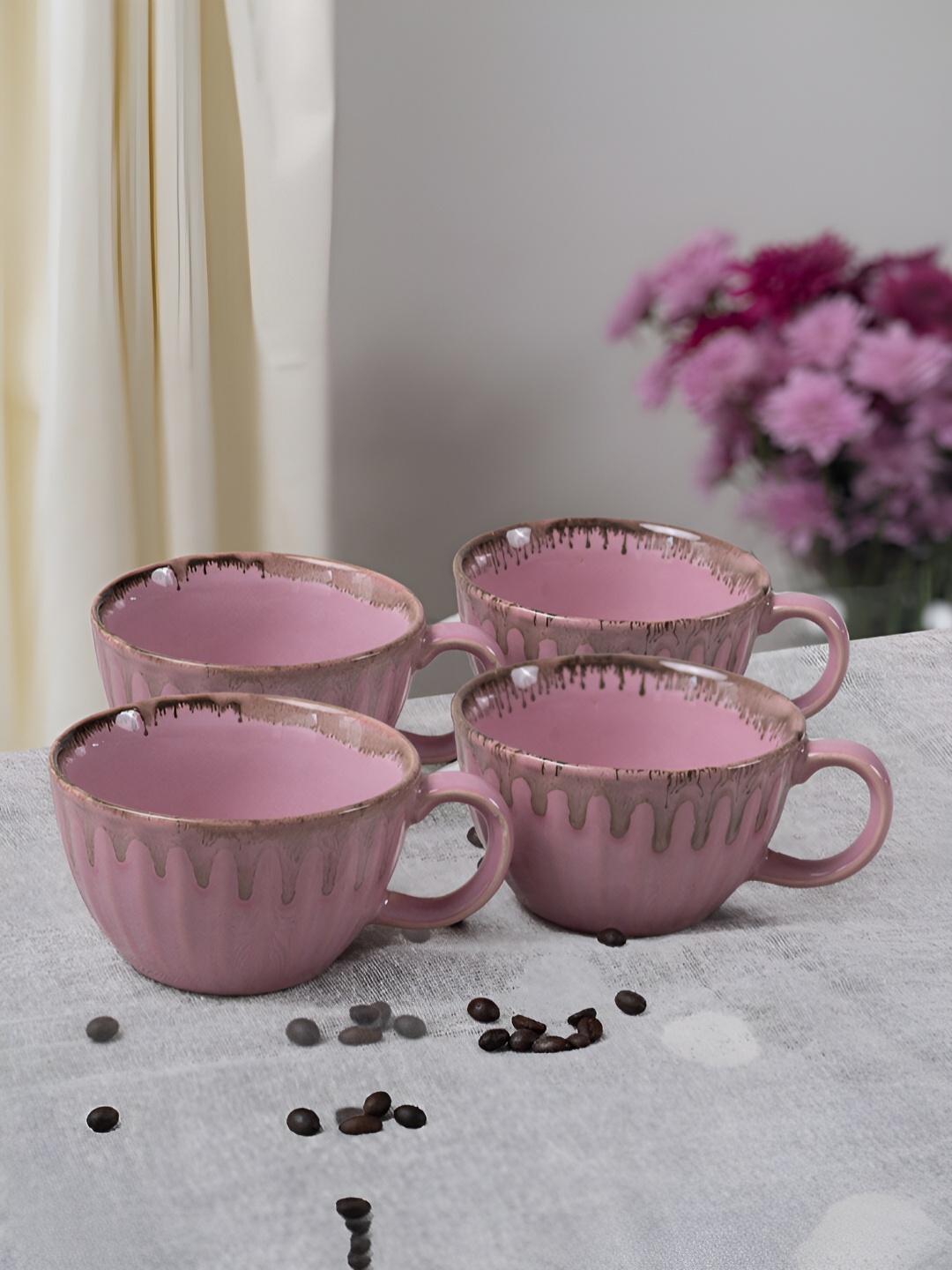 

ARAVALII Pink 6 Pcs Textured Ceramic Gloosy Cups 250 ml