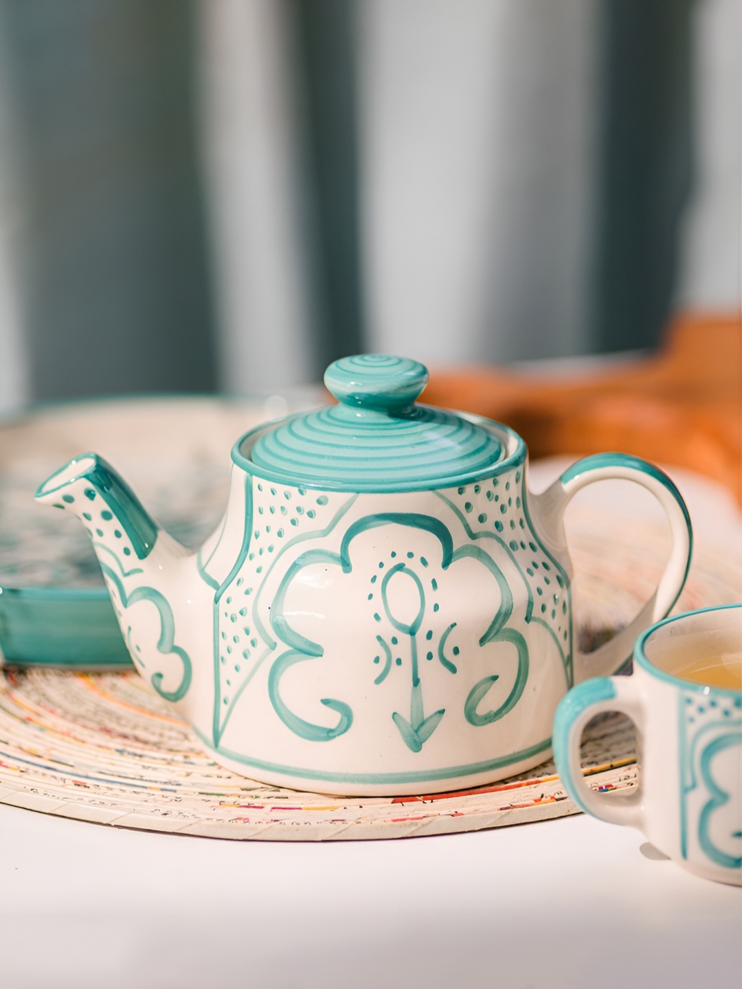 

ARAVALII Blue 6 Pieces Printed Glossy Ceramic Kettle Set