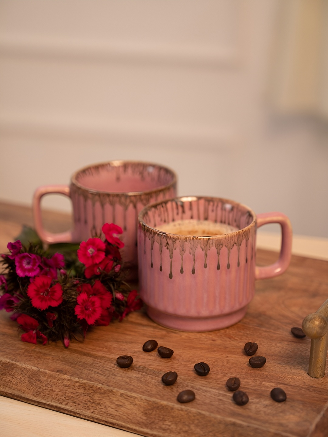 

ARAVALII 4 Pieces Textured Glossy Ceramic Cups, Pink