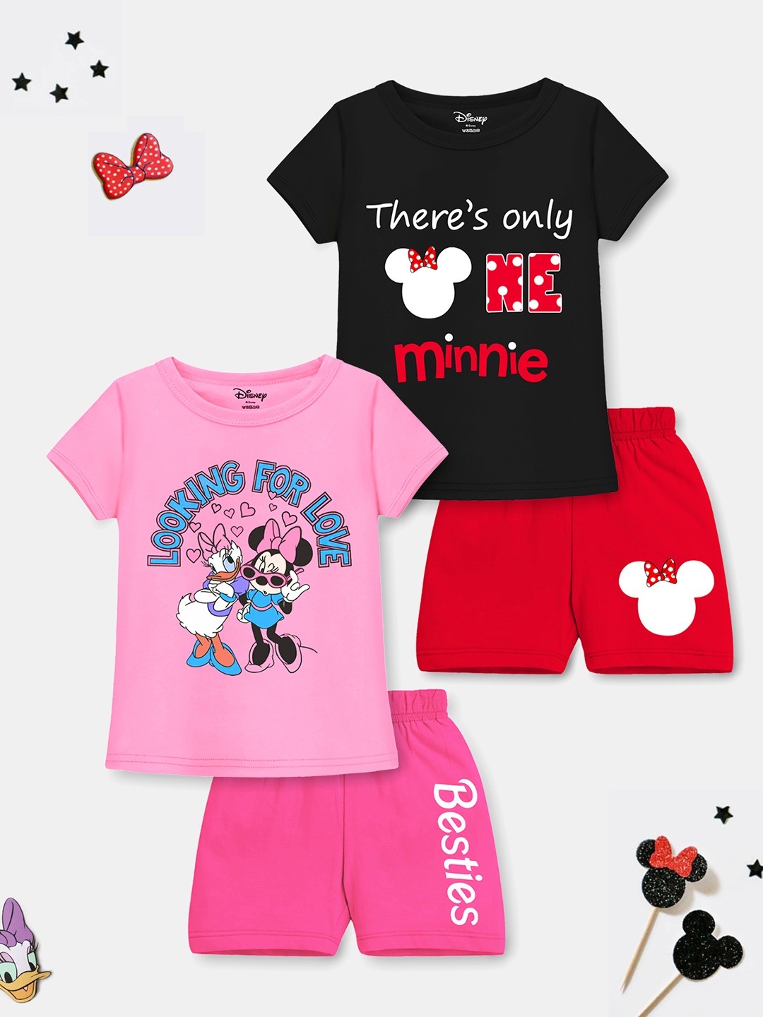 

YK Disney Girls Pack Of 2 Minnie & Friends Printed T-shirt with Shorts, Black