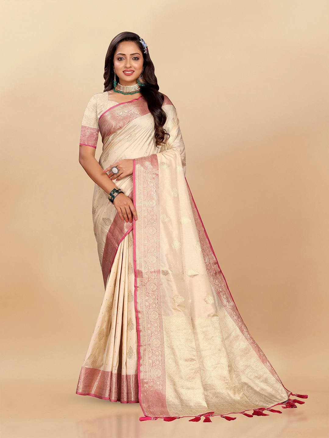 

bansari textiles Woven Design Zari Banarasi Saree, Cream