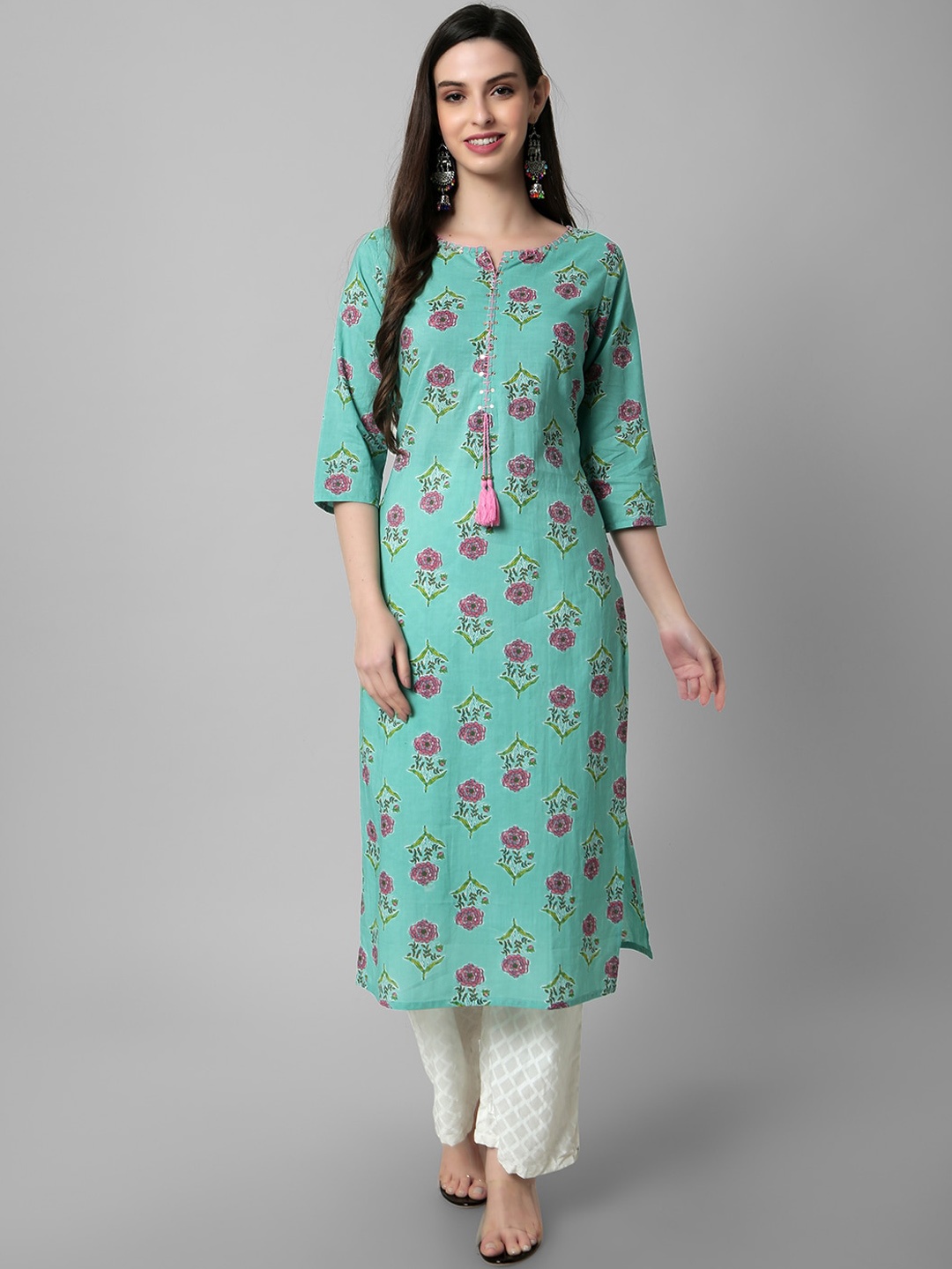 

Amayra Women Women Floral Printed Flared Sleeves Kurta, Turquoise blue