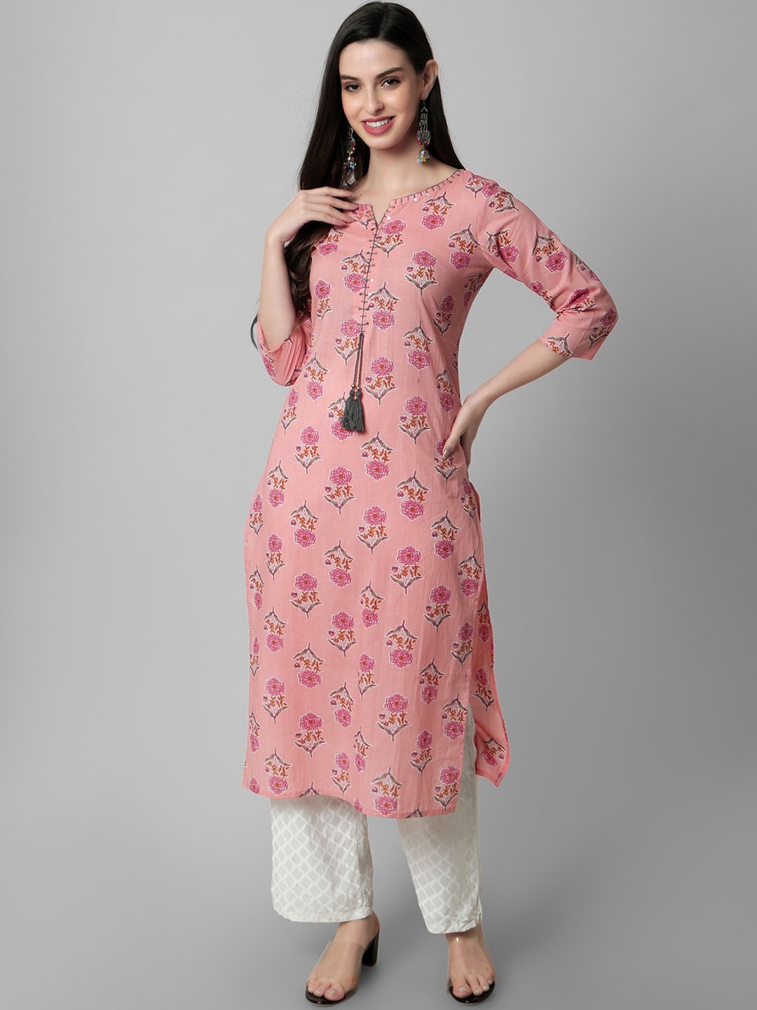 

Amayra Women Women Ethnic Motifs Printed Keyhole Neck Thread Work Kurta, Peach