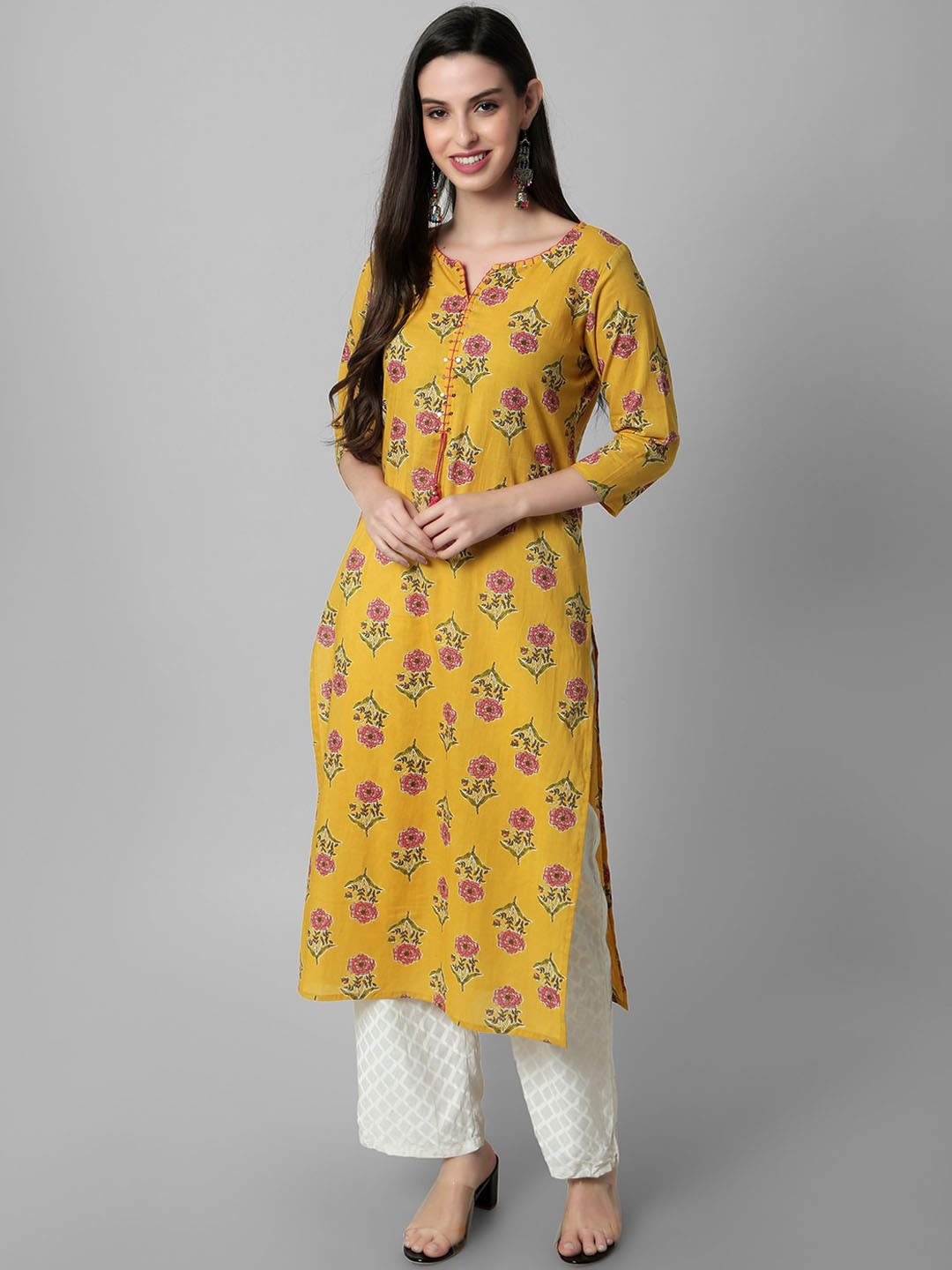 

Amayra Women Women Floral Printed Mirror Work Kurta, Mustard