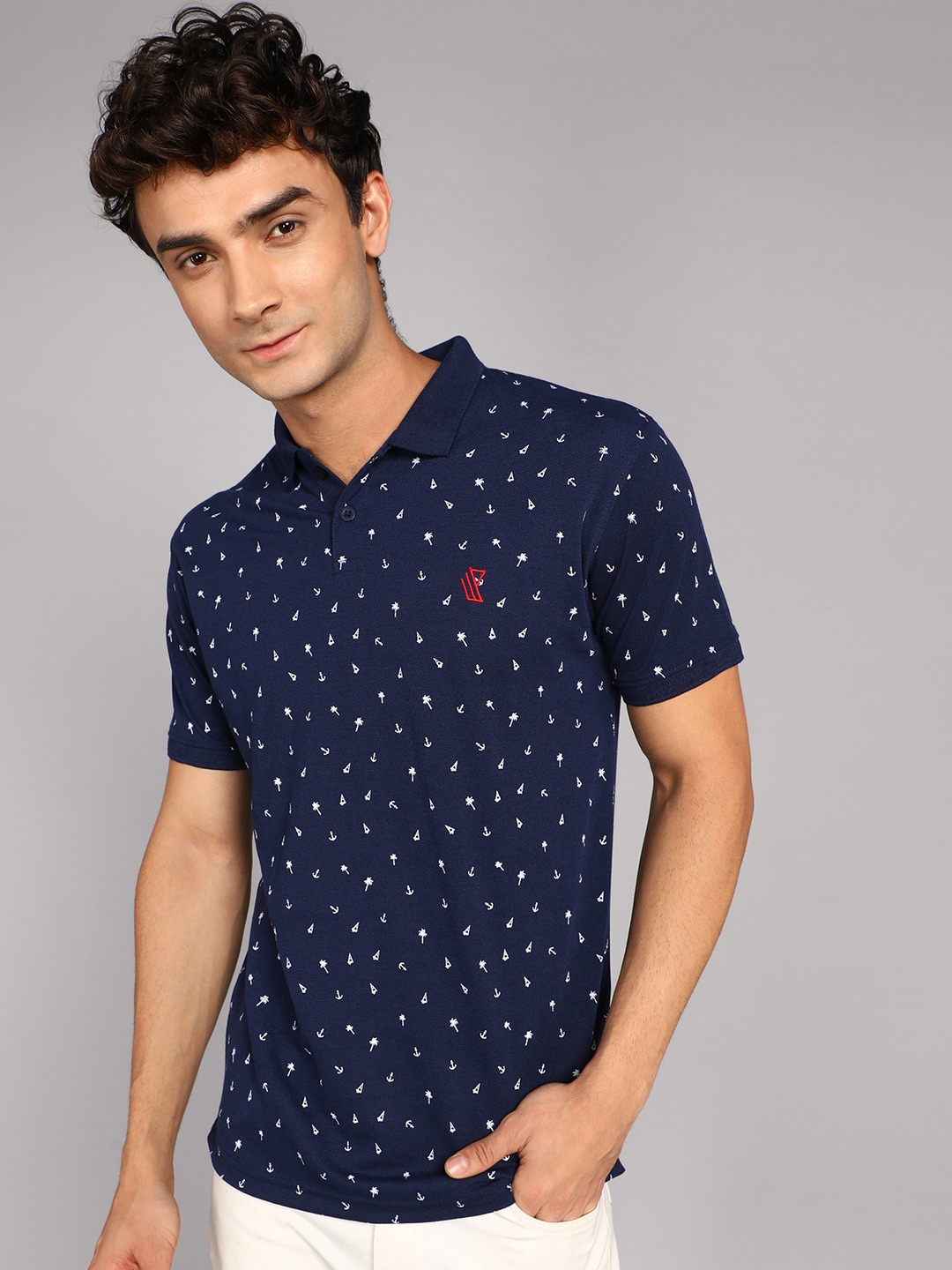 

WE PERFECT Men Printed Polo Collar Pockets T-shirt, Navy blue