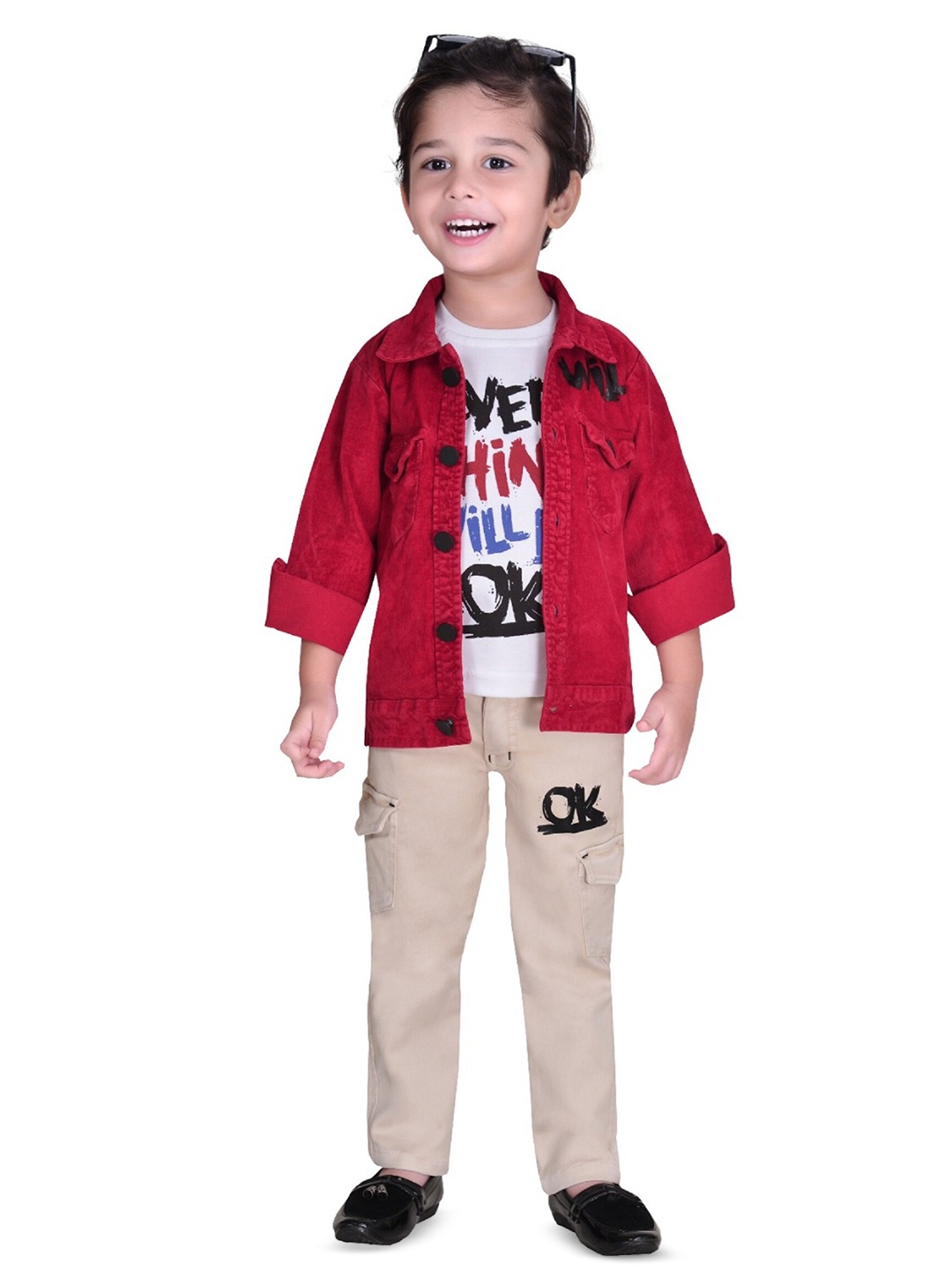 

BAESD Boys Printed T-shirt and Shirt with Trousers, Red