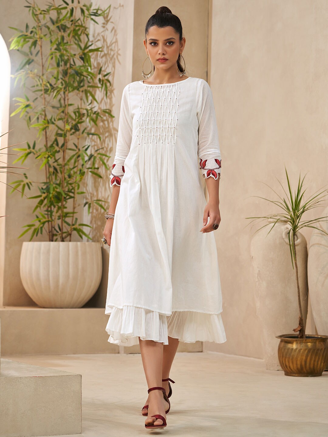 

DRESOUL Boat Neck Smocked Embroidered & Layered A-Line Dress, Off white