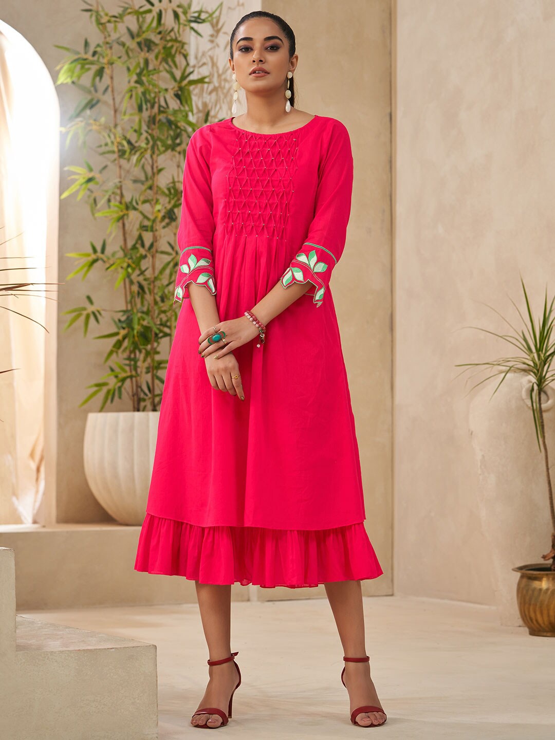 

DRESOUL Embroidered Smocking Detailed Fit and Flare Ethnic Dress, Pink