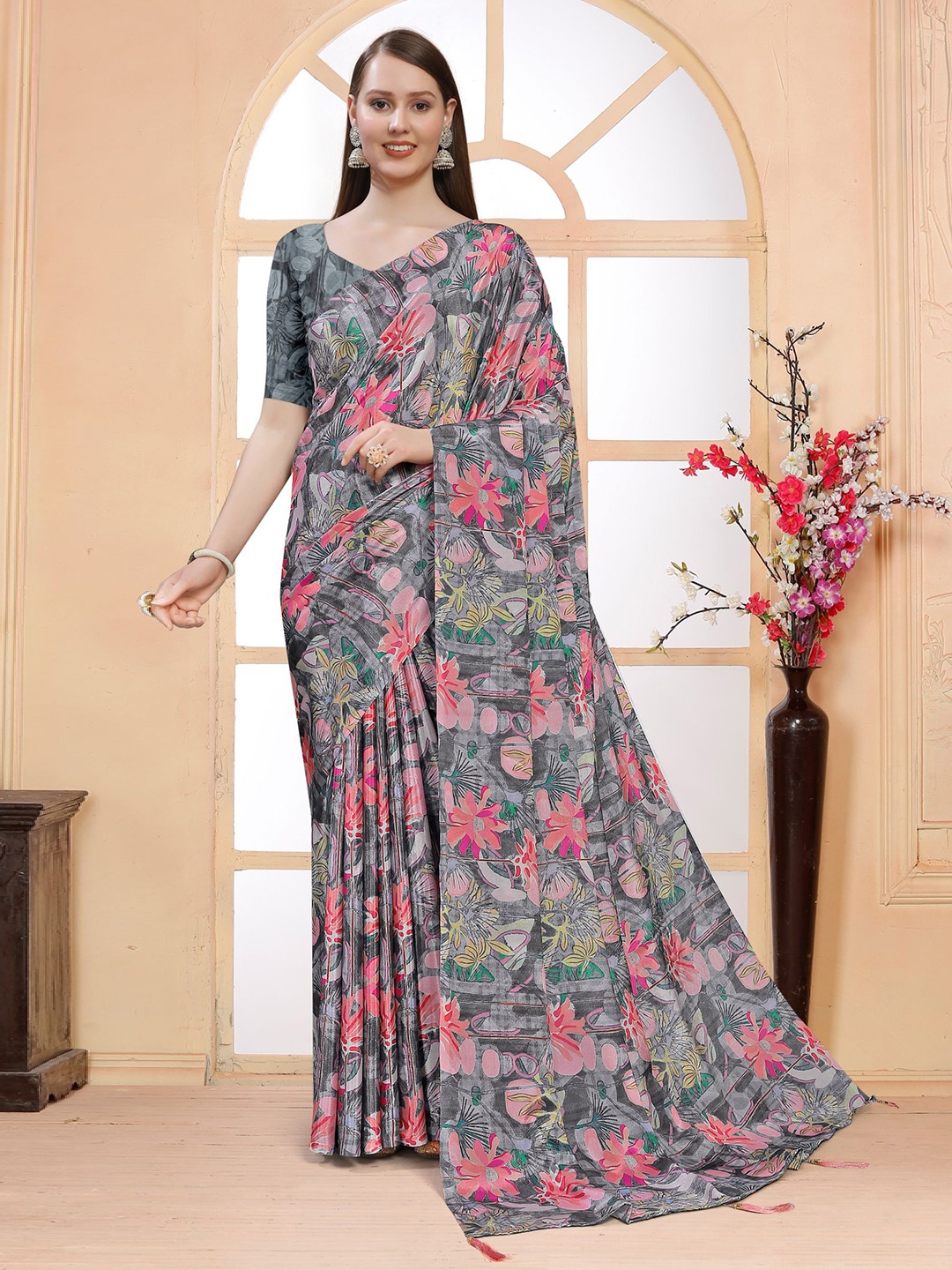 

VIRICA Floral Satin Saree, Grey