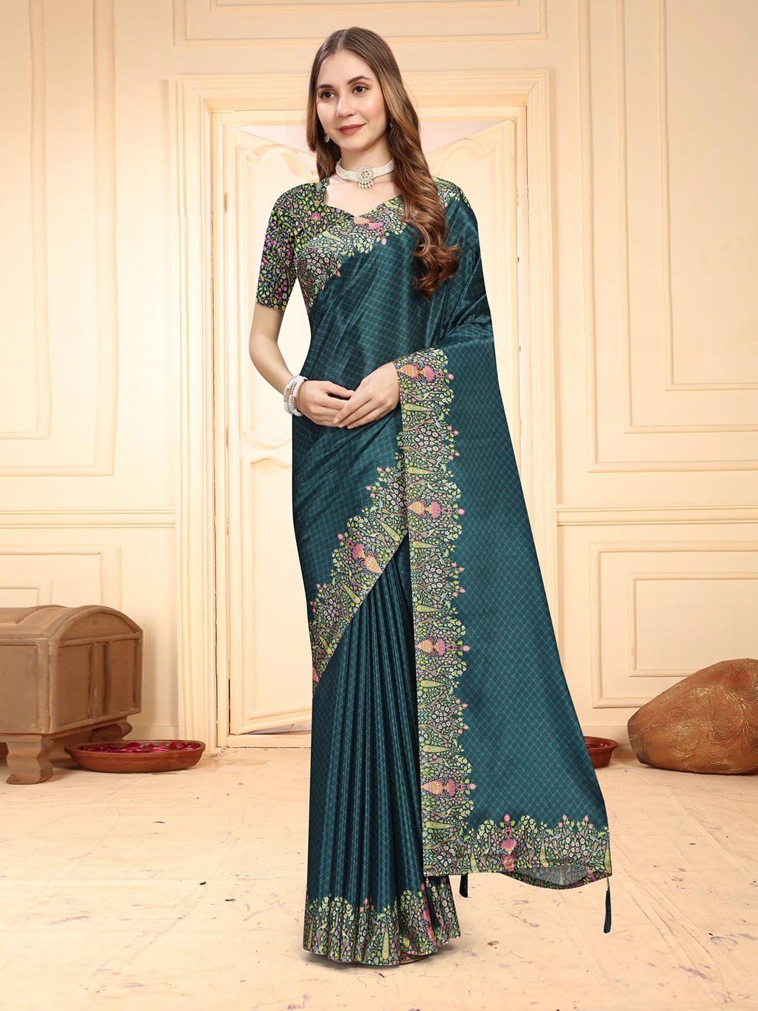 

VIRICA Floral Satin Saree, Green