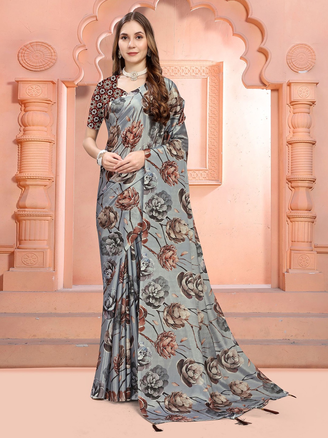 

VIRICA Floral Satin Saree, Grey