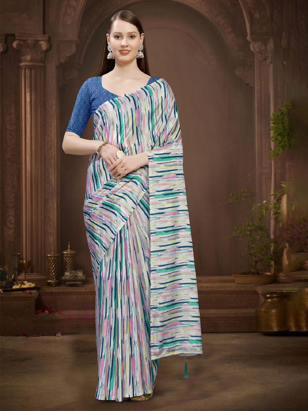 

VIRICA Striped Satin Saree, Cream