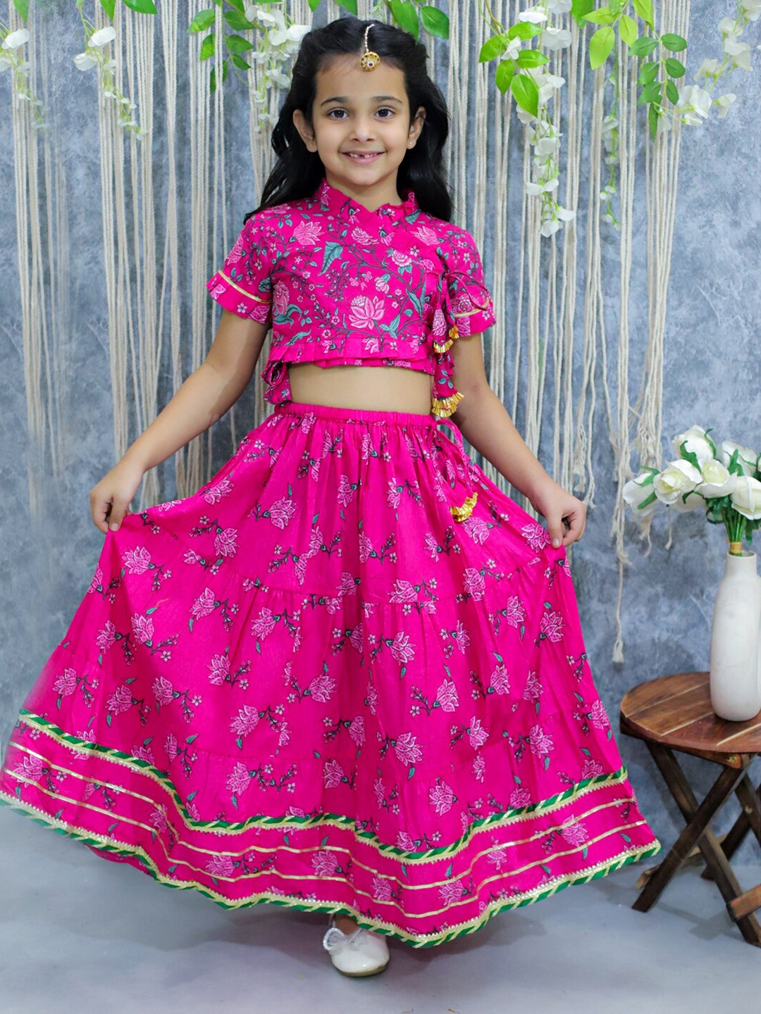 

BownBee Girls Printed Pure Cotton Gotta Patti Ready to Wear Lehenga & Blouse, Pink