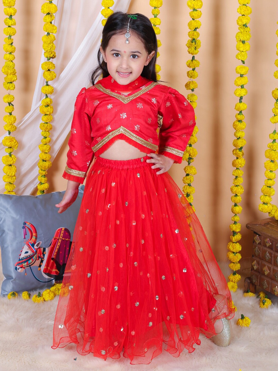 

BownBee Girls Embellished Sequinned Ready to Wear Lehenga & Blouse With Dupatta, Red