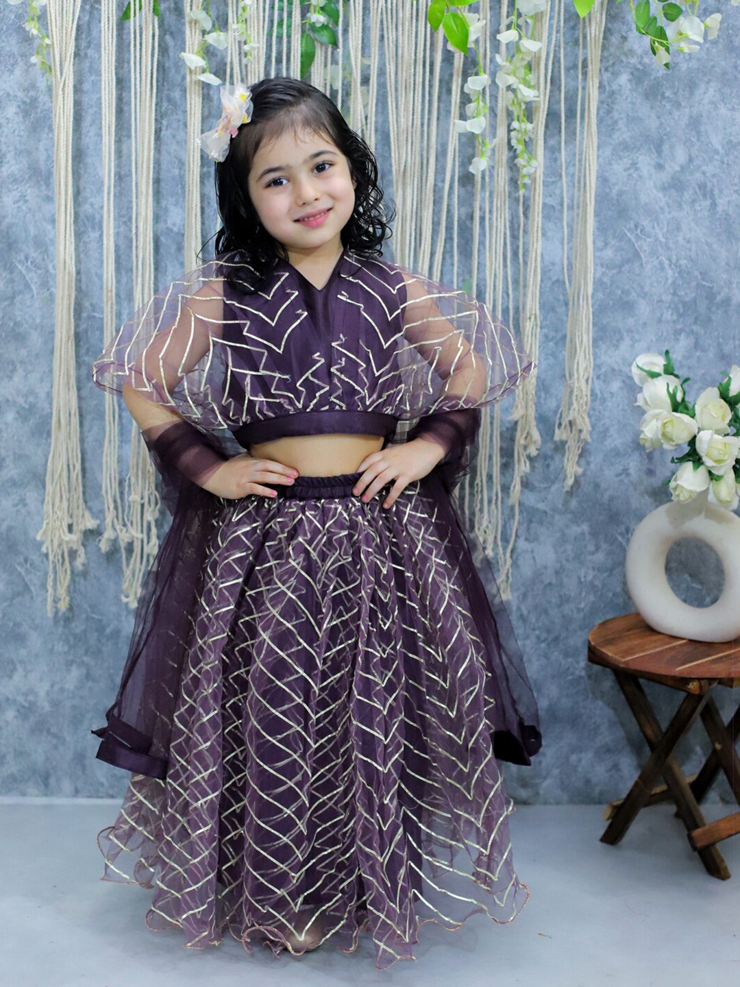 

BownBee Girls Embellished Gotta Patti Net Ready to Wear Lehenga & Blouse With Dupatta, Purple