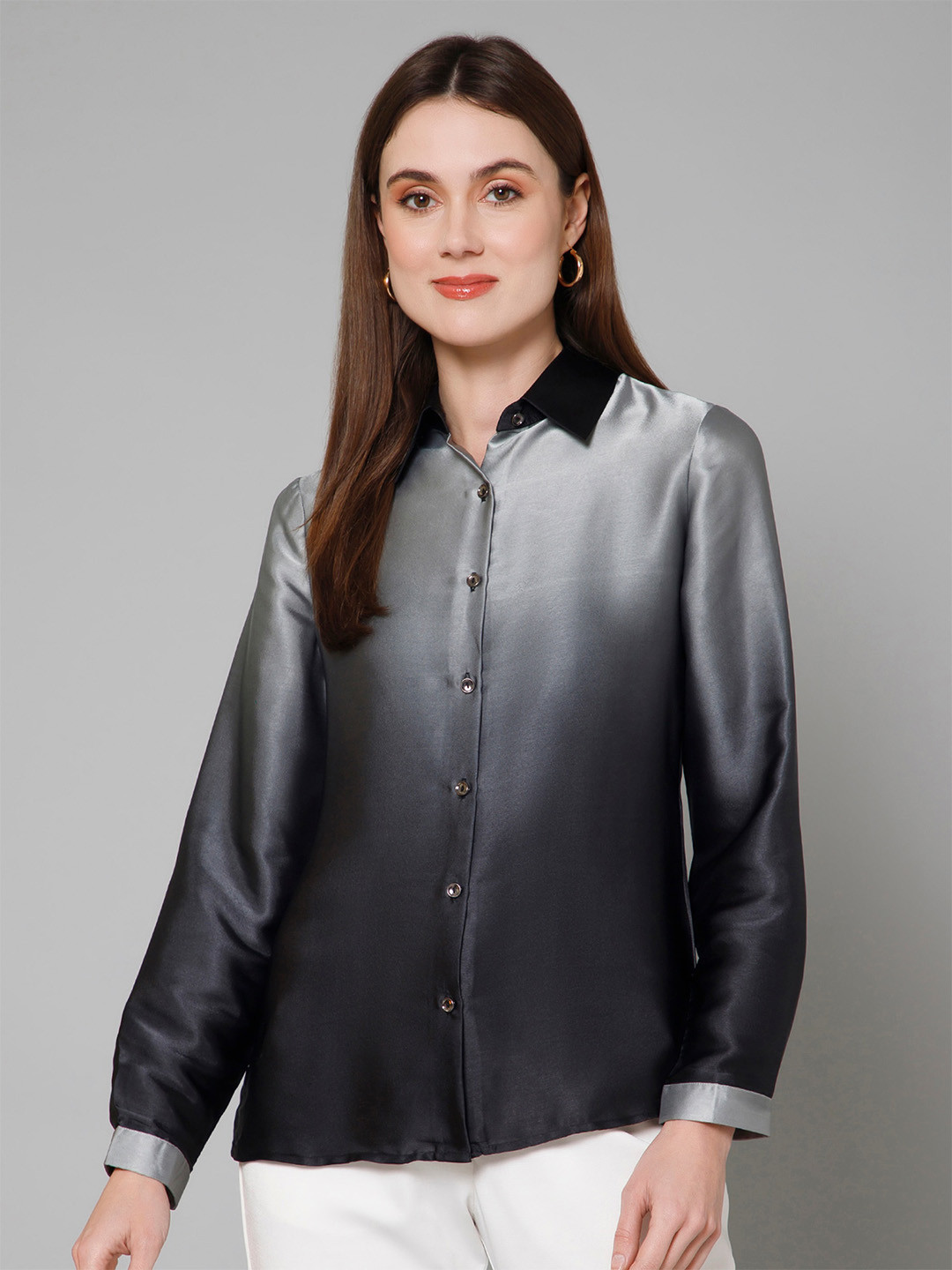 

PURYS Classic Ombre Printed Spread Collar Long Sleeves Satin Casual Shirt, Grey