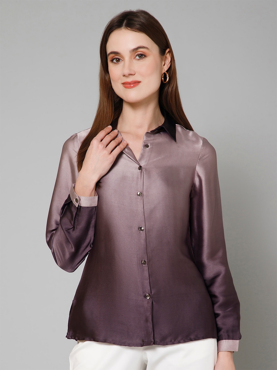 

PURYS Classic Ombre Printed Spread Collar Long Sleeves Satin Casual Shirt, Purple