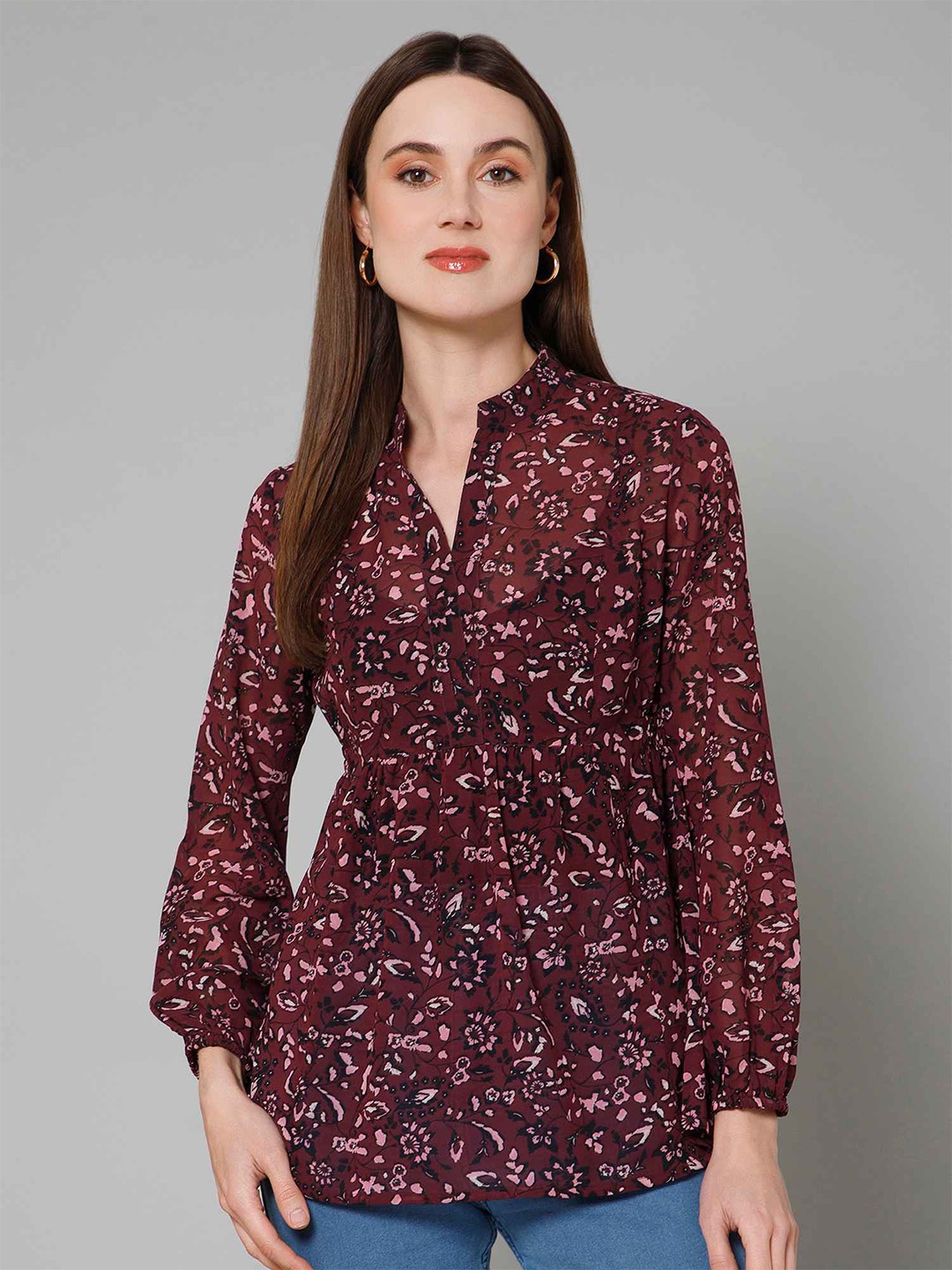 

PURYS Floral Print Mandarin Collar Georgette Shirt Style Top, Maroon