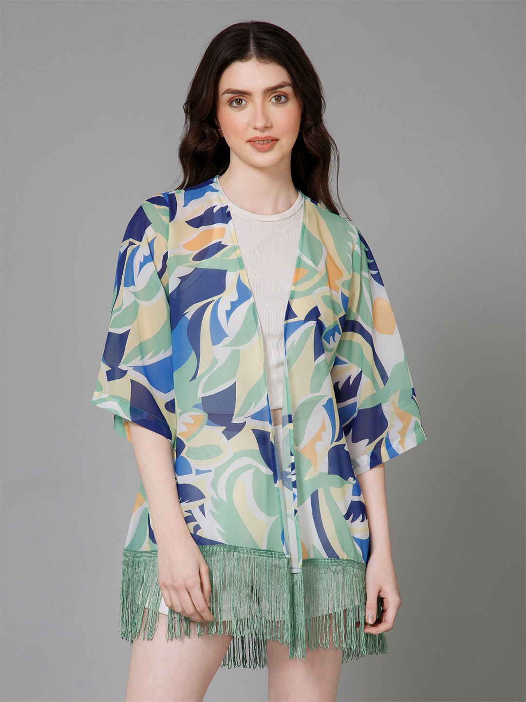 

PURYS Women Printed Tasselled Longline Shrug, White