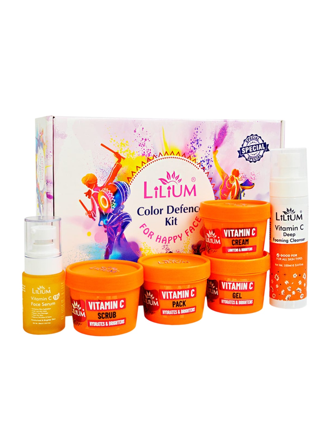 

Lilium Vitamin C Color Defense Kit of Cleanser - Scrub - Pack - Gel - Serum & Cream - 530g, Orange