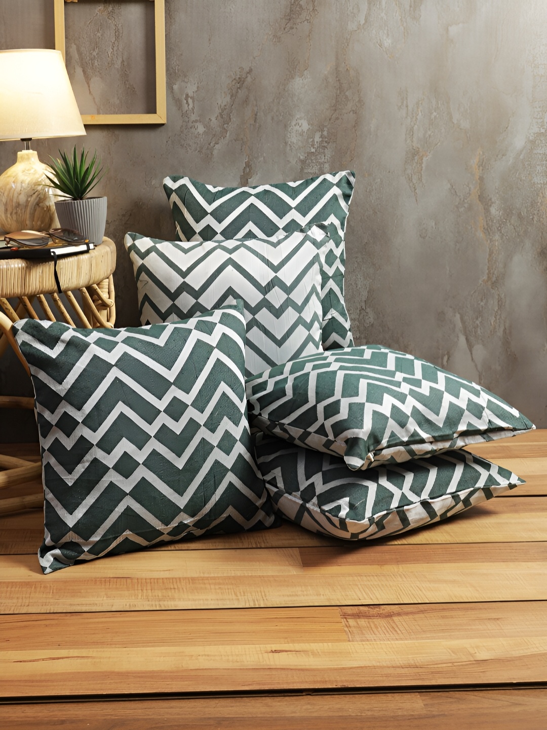 

ROMEE Green & Grey Set of 5 Geometric Square Cushion Covers