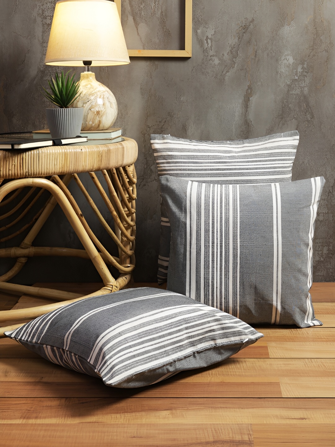 

ROMEE Grey & Purple Set of 3 Striped Square Cushion Covers