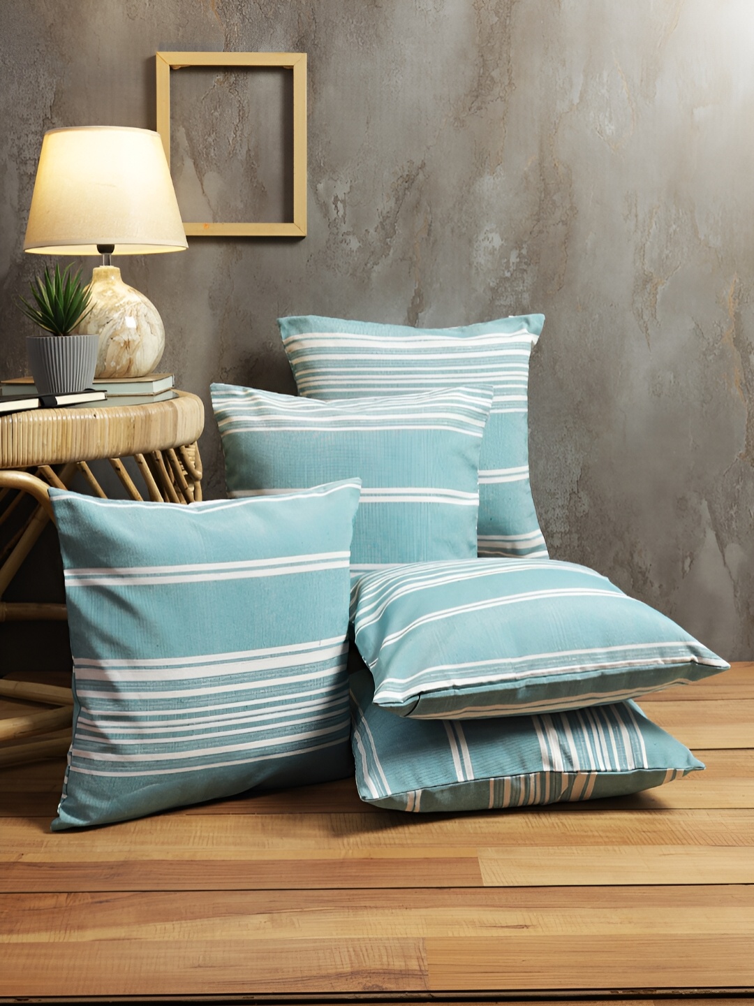 

ROMEE Sea Green & White Set of 5 Striped Square Cushion Covers