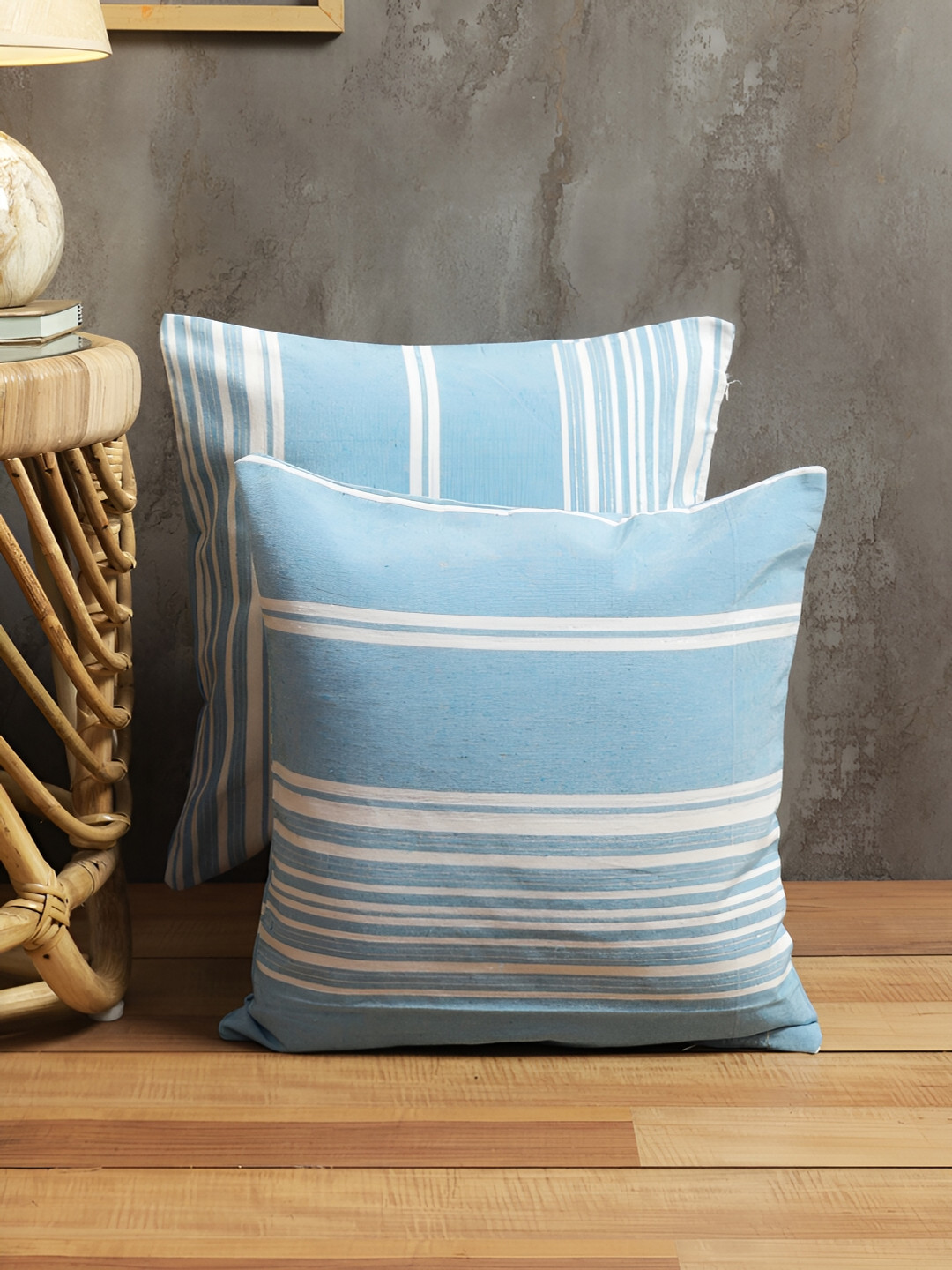 

ROMEE Blue & White Set of 2 Striped Square Cushion Covers