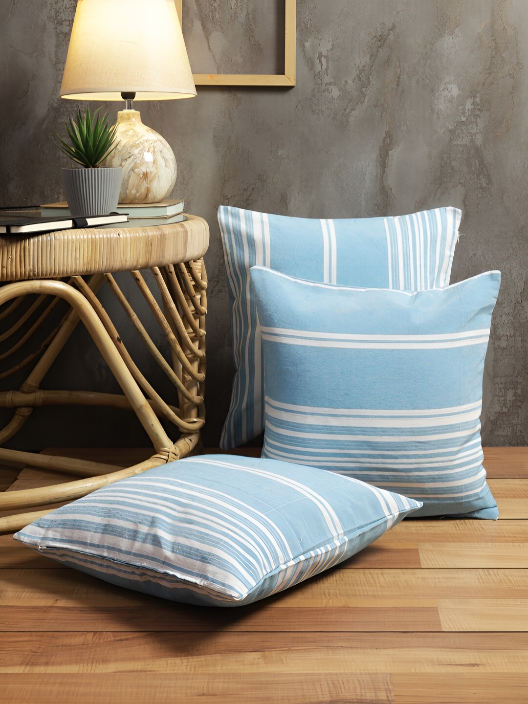 

ROMEE Blue & White Set of 3 Striped Square Cushion Covers