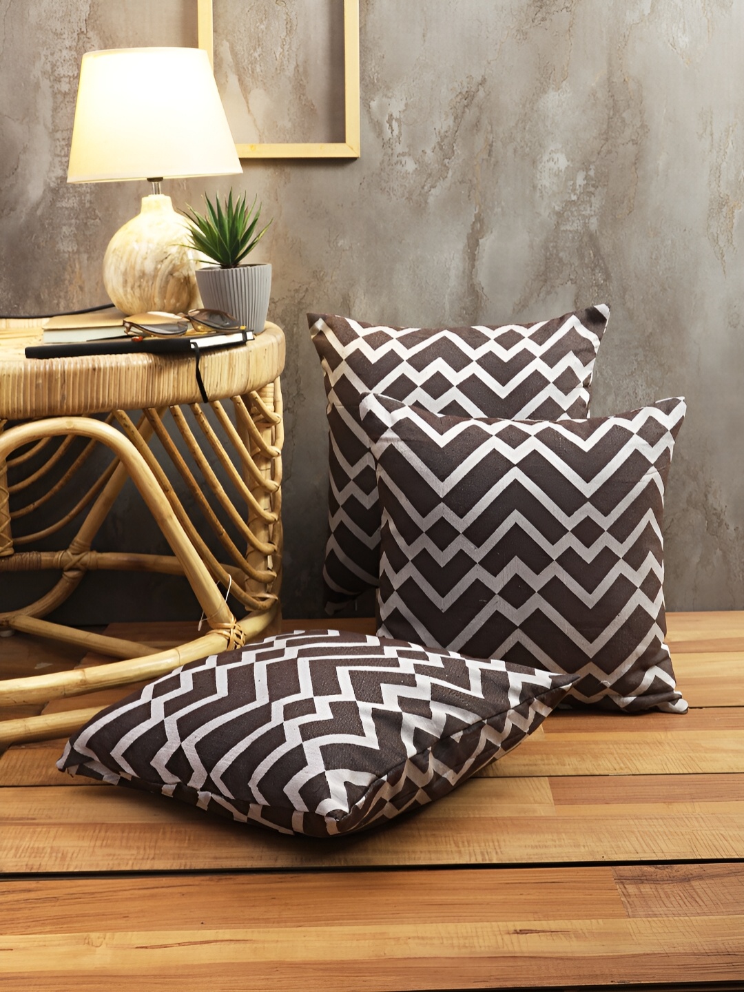 

ROMEE Brown & White Set of 3 Geometric Square Cushion Covers