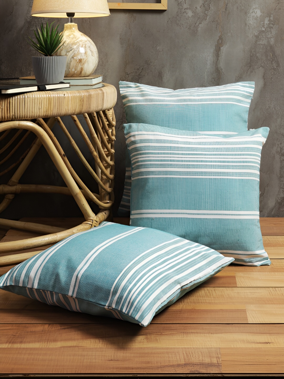 

ROMEE Sea Green & White Set of 3 Striped Square Cushion Covers
