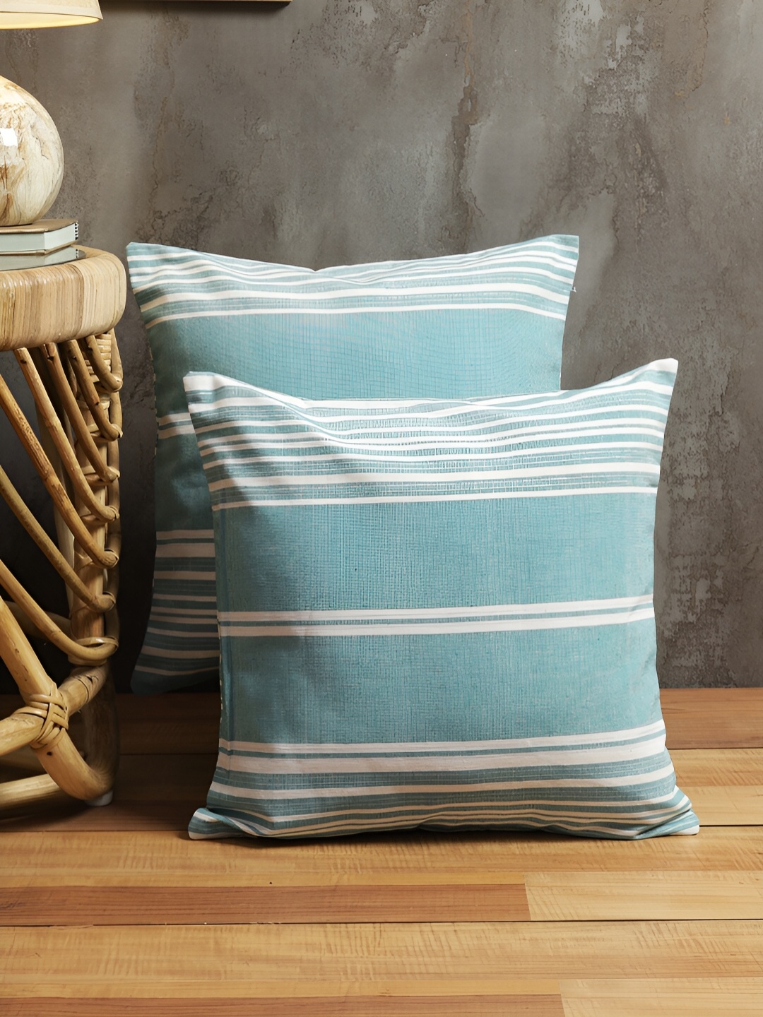 

ROMEE Sea Green & White Set of 2 Striped Square Cushion Covers