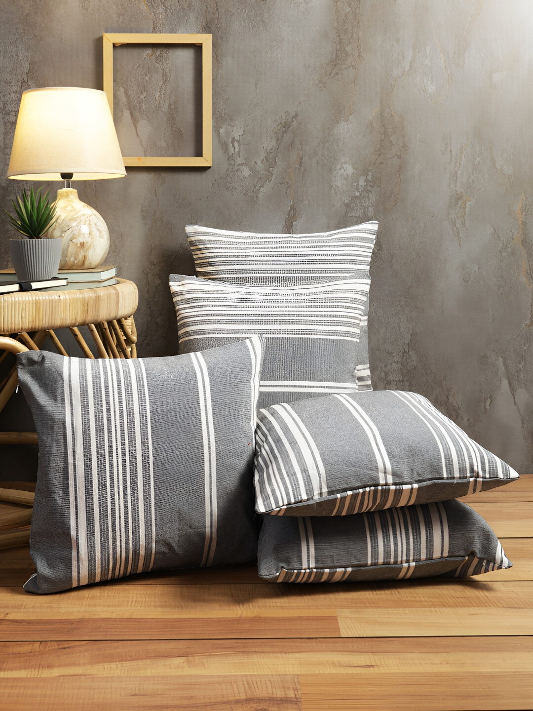 

ROMEE Grey & White Set of 5 Striped Square Cushion Covers