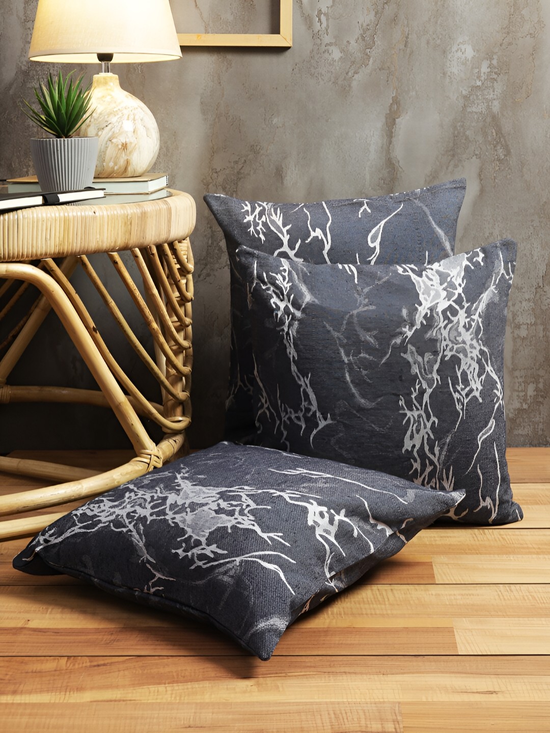

ROMEE Black & Grey Set of 3 Abstract Square Cushion Covers