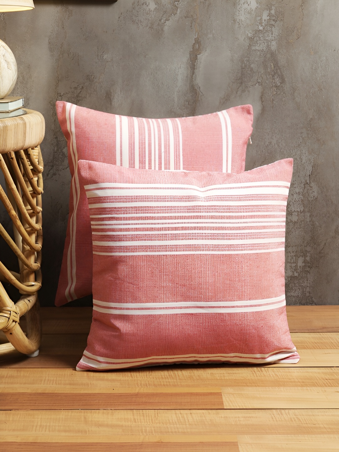 

ROMEE Pink & White Set of 2 Striped Square Cushion Covers