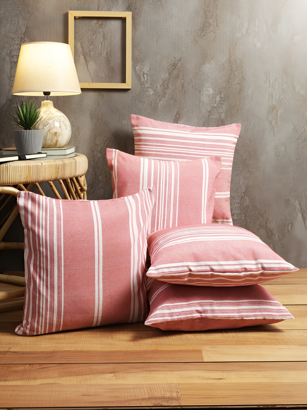 

ROMEE Pink & White Set of 5 Striped Square Cushion Covers
