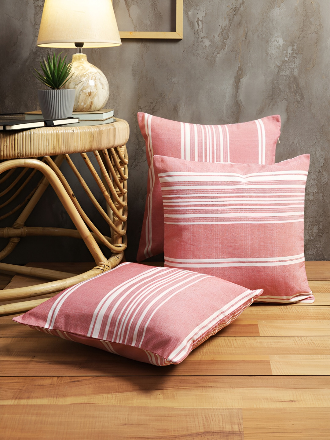 

ROMEE Pink & White Set of 3 Striped Square Cushion Covers