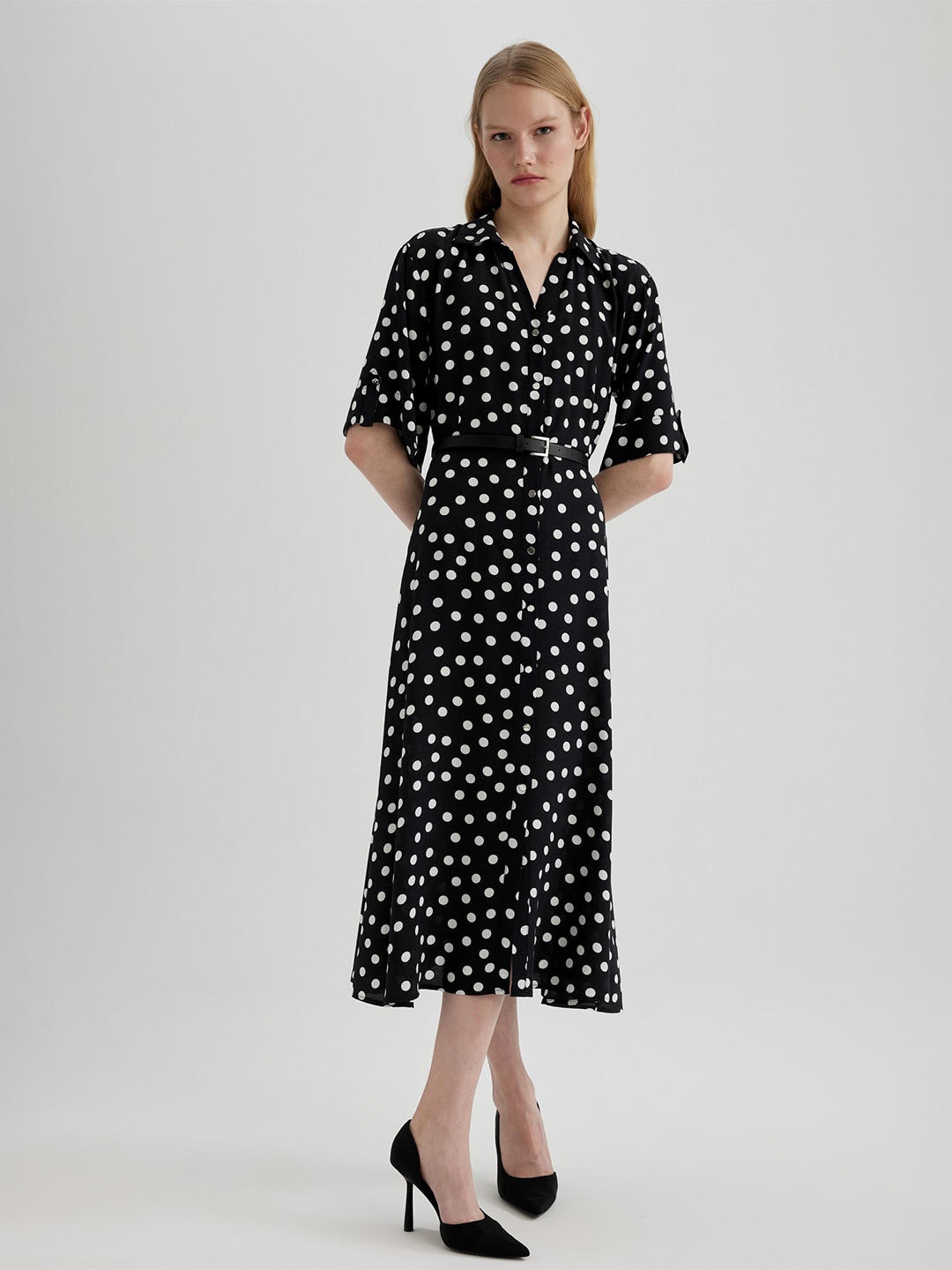

DeFacto Polka Dot Print Shirt Midi Dress, Na